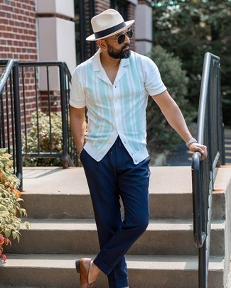 Men's White Straw Hat, Brown Leather Loafers, Navy Chinos, Mint Vertical Striped Short Sleeve Shirt
