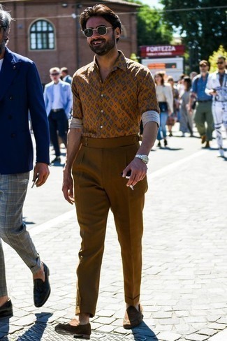 Gold Print Long Sleeve Shirt Outfits For Men: 