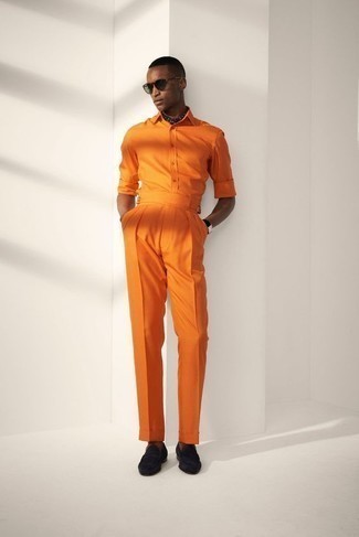 Men's Black Bandana, Black Suede Loafers, Orange Dress Pants, Orange Long Sleeve Shirt