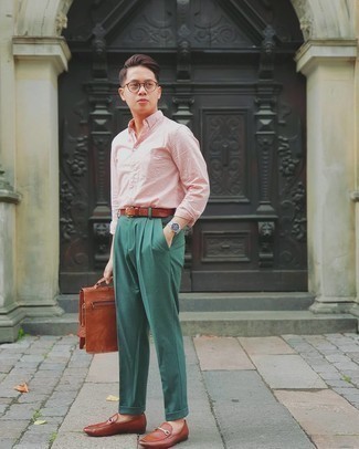 Men's Tobacco Leather Briefcase, Brown Leather Loafers, Dark Green Dress Pants, Pink Long Sleeve Shirt