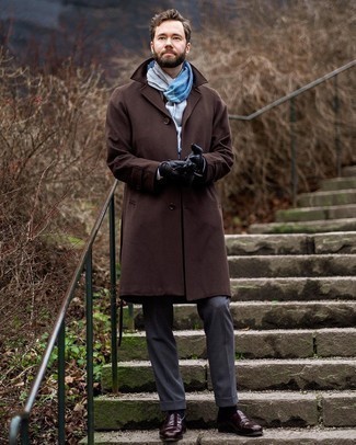 Men's Light Blue Horizontal Striped Scarf, Dark Brown Leather Loafers, Charcoal Dress Pants, Dark Brown Overcoat