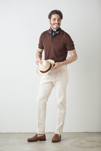 Men's Beige Straw Hat, Brown Leather Loafers, White Dress Pants, Dark Brown Polo