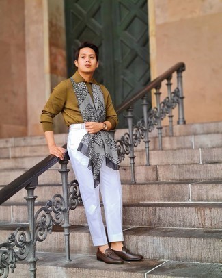 Men's Grey Print Scarf, Dark Brown Leather Loafers, White Dress Pants, Olive Polo Neck Sweater
