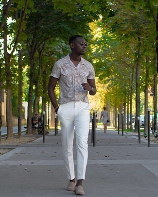 Men's Black Sunglasses, Beige Suede Loafers, White Dress Pants, Multi colored Print Short Sleeve Shirt
