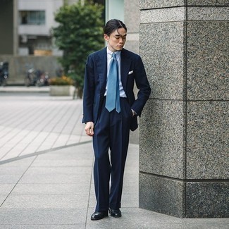 Men's Light Blue Horizontal Striped Tie, Black Leather Loafers, White Dress Shirt, Navy Suit