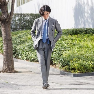 Men's Light Blue Horizontal Striped Tie, Black Leather Loafers, White Dress Shirt, Grey Suit