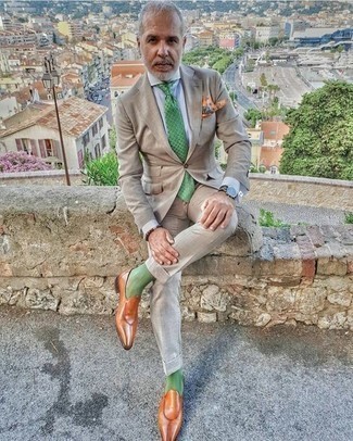 Green Print Tie Outfits For Men: 