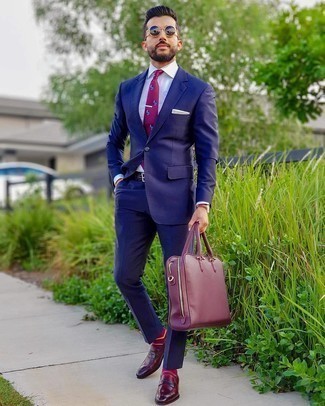 Men's Burgundy Leather Briefcase, Burgundy Leather Loafers, White Dress Shirt, Navy Suit