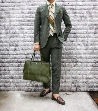 Men's Olive Leather Tote Bag, Brown Leather Loafers, Beige Vertical Striped Dress Shirt, Dark Green Suit