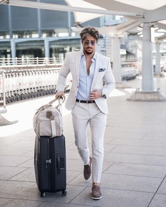 Beige Canvas Holdall Outfits For Men: 