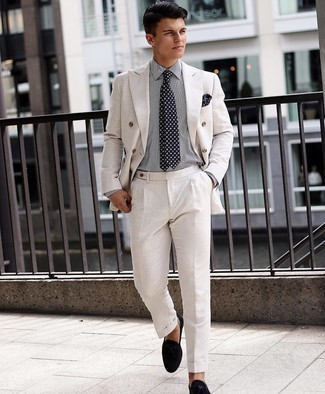 White and Black Vertical Striped Dress Shirt Outfits For Men: 
