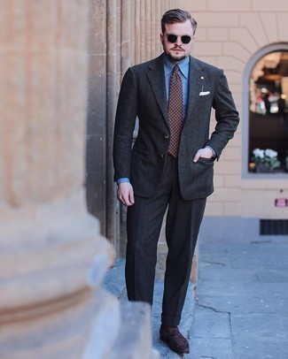 Charcoal Plaid Wool Suit Outfits: 