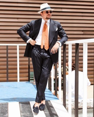 Men's White Straw Hat, Black Suede Loafers, White Dress Shirt, Black Vertical Striped Suit
