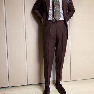 Men's Multi colored Paisley Tie, Dark Brown Velvet Loafers, White Vertical Striped Dress Shirt, Dark Brown Suit