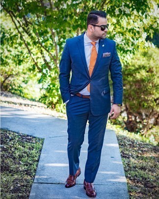Men's Orange Print Tie, Dark Brown Leather Loafers, White and Navy Vertical Striped Dress Shirt, Navy Check Suit
