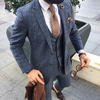 Men's Tan Knit Tie, Dark Brown Leather Loafers, White Dress Shirt, Grey Check Three Piece Suit