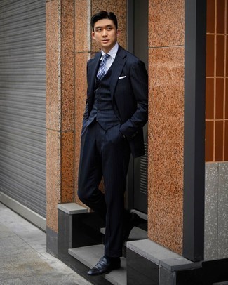 Navy Vertical Striped Three Piece Suit Outfits: 