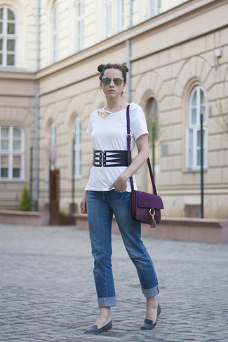 Women's Dark Purple Leather Crossbody Bag, Grey Suede Loafers, Blue Jeans, White Cutout Crew-neck T-shirt