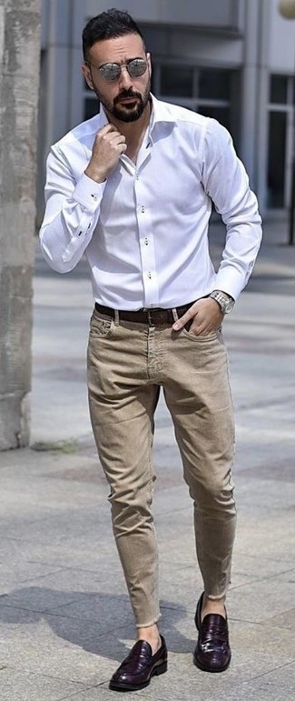 Men's Dark Brown Leather Belt, Violet Leather Loafers, Khaki Jeans, White Dress Shirt