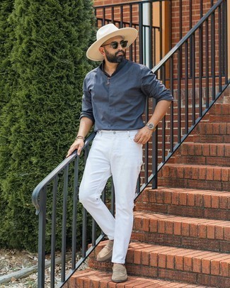 Men's Beige Wool Hat, Tan Suede Loafers, White Jeans, Navy Long Sleeve Shirt