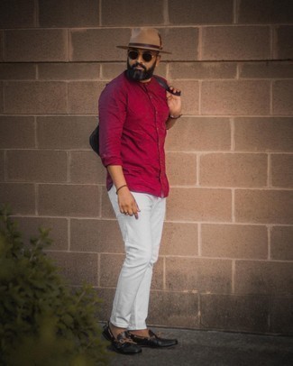 Burgundy Long Sleeve Shirt Outfits For Men: 