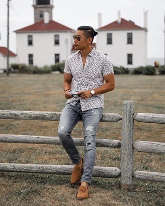 Men's Dark Brown Sunglasses, Brown Suede Loafers, Grey Ripped Jeans, White and Black Floral Short Sleeve Shirt
