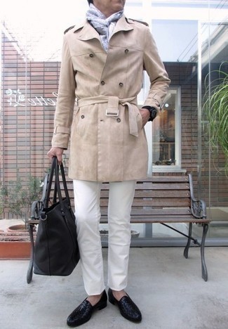 Men's Black Leather Tote Bag, Black Woven Leather Loafers, White Jeans, Beige Trenchcoat