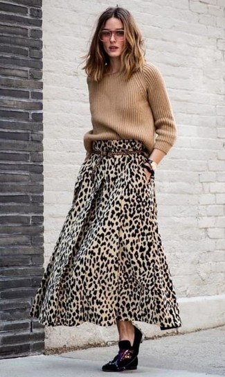 Women's Tan Leopard Suede Belt, Black Embellished Velvet Loafers, Tan Leopard Maxi Skirt, Tan Crew-neck Sweater