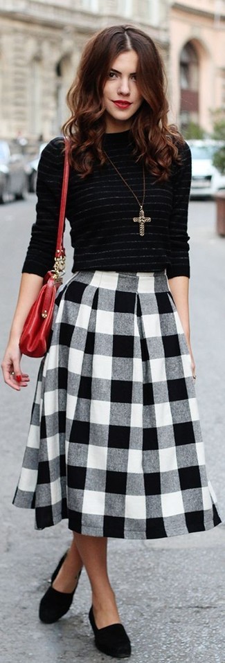 Black and White Gingham Midi Skirt Outfits: 