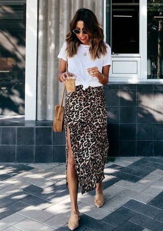 Tan Leopard Midi Skirt Smart Casual Outfits: 