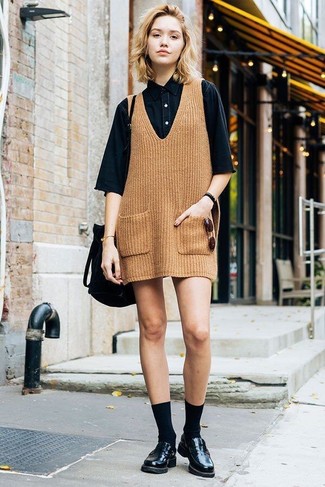 Women's Black Suede Bucket Bag, Black Leather Loafers, Black Denim Short Sleeve Button Down Shirt, Tan Knit Overall Dress