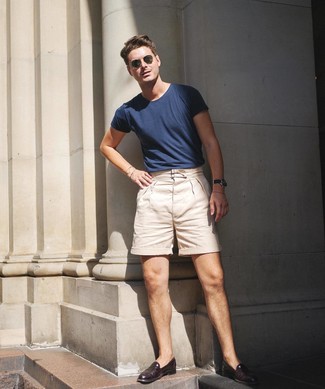 Men's Olive Sunglasses, Burgundy Leather Loafers, Beige Shorts, Navy Crew-neck T-shirt