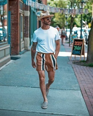 Men's Beige Straw Hat, Grey Canvas Loafers, Tan Vertical Striped Shorts, White Crew-neck T-shirt