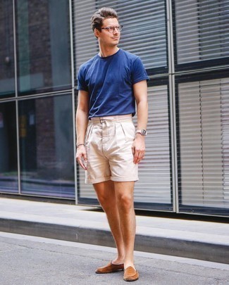 Men's Clear Sunglasses, Tobacco Suede Loafers, Beige Shorts, Blue Crew-neck T-shirt
