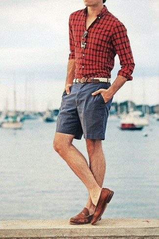 Men's Beige Woven Leather Belt, Brown Leather Loafers, Charcoal Shorts, Red and Black Check Long Sleeve Shirt