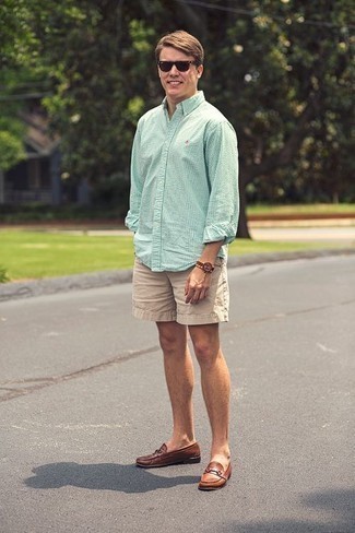 Mint Check Long Sleeve Shirt Outfits For Men: 
