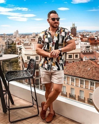 Men's Dark Green Sunglasses, Brown Suede Loafers, Beige Shorts, Multi colored Print Short Sleeve Shirt