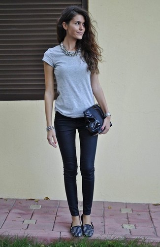 Women's Black Leather Clutch, Black Studded Suede Loafers, Black Skinny Jeans, Grey Crew-neck T-shirt