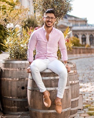 Men's Clear Sunglasses, Tan Suede Loafers, White Skinny Jeans, White and Pink Vertical Striped Long Sleeve Shirt
