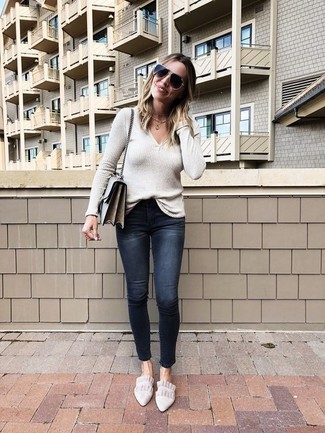 Beige V-neck Sweater Outfits For Women: 