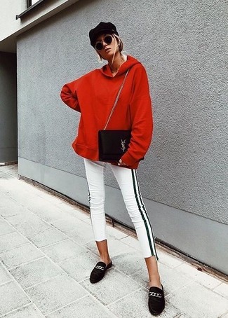 Women's Black Suede Crossbody Bag, Black Suede Loafers, White and Black Vertical Striped Skinny Pants, Red Hoodie