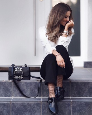 Black Embellished Leather Crossbody Bag Spring Outfits: 