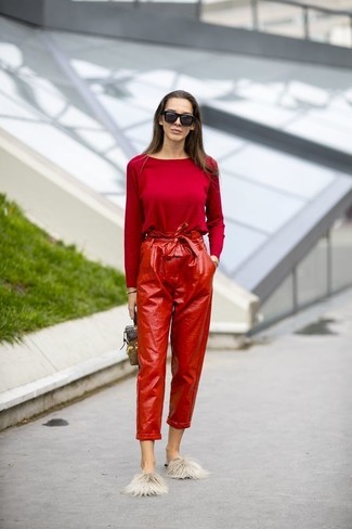 Red Leather Tapered Pants Outfits For Women: 