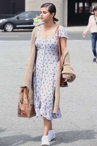 Selena Gomez wearing Beige Long Cardigan, Light Blue Floral Shirtdress, White Leather Low Top Sneakers, Tobacco Leather Crossbody Bag