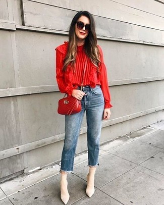 Women's Red Ruffle Long Sleeve Blouse, Blue Jeans, Beige Elastic Ankle Boots, Red Quilted Leather Crossbody Bag