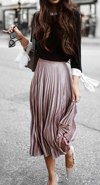 Women's Black and White Long Sleeve Blouse, Pink Pleated Midi Skirt, Beige Suede Pumps, Black Leather Crossbody Bag