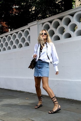 White Long Sleeve Blouse Outfits: If you're looking for a laid-back and at the same time absolutely stylish ensemble, wear a white long sleeve blouse and a blue denim mini skirt. To introduce an air of stylish casualness to this ensemble, complement your ensemble with black suede flat sandals.