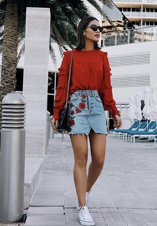Embroidered Skirt Outfits: Why not consider teaming a red ruffle long sleeve blouse with an embroidered skirt? As well as very practical, these items look great paired together. A pair of white canvas low top sneakers integrates seamlessly within a great deal of looks.