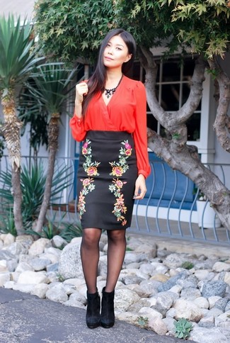 Women's Red Long Sleeve Blouse, Black Floral Pencil Skirt, Black Suede Ankle Boots, Black Necklace