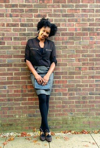 Women's Black Long Sleeve Blouse, Grey Pencil Skirt, Dark Brown Suede Pumps, Black Leather Clutch
